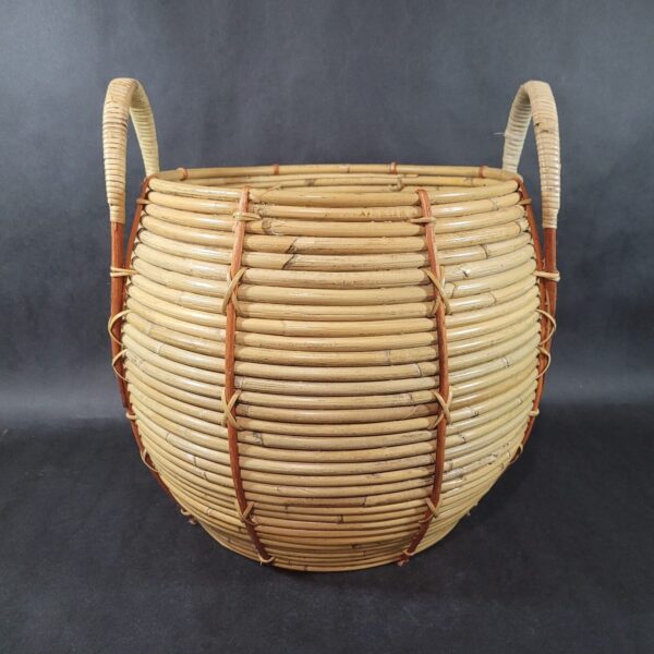 Mid Century Pencil Reed Basket Plant Bamboo Rattan with Handles Hand Made - Image 5