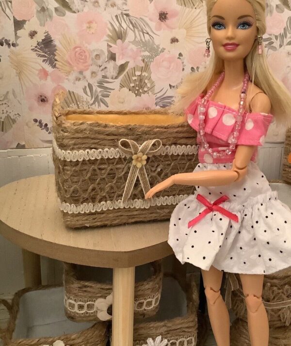 Miniature Barbie Size Jute Basket For 1:6 Scale Dollhouse Decor