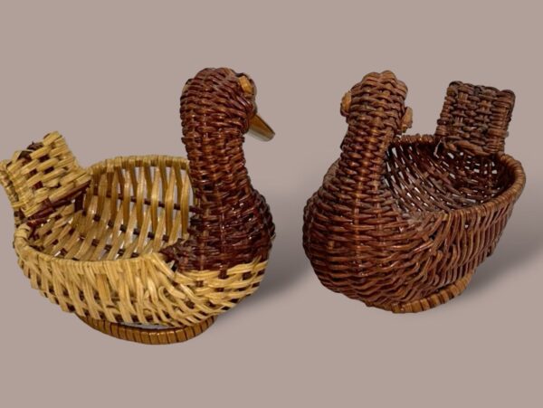 Miniature Set Of Wicker DUCK Basket Wood Face Boho Chick Set MCM Mid Century Vtg - Image 2