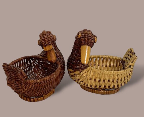 Miniature Set Of Wicker DUCK Basket Wood Face Boho Chick Set MCM Mid Century Vtg