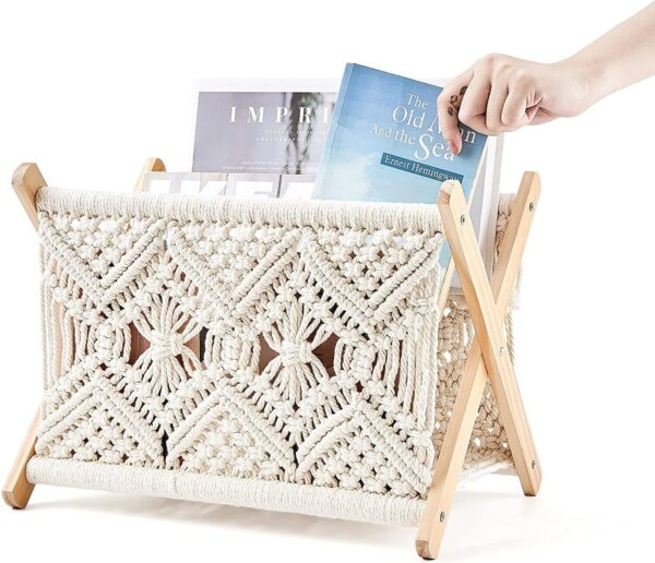 Mkono Macrame Magazine Rack Boho Magazine Holder Storage Standing Basket - Image 2