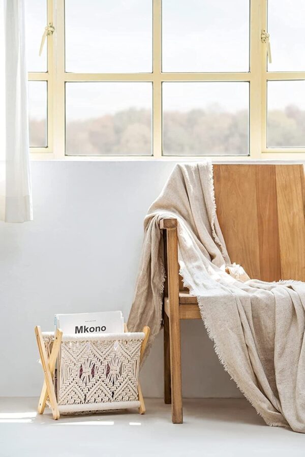 Mkono Macrame Magazine Rack Boho Magazine Holder Storage Standing Basket - Image 4