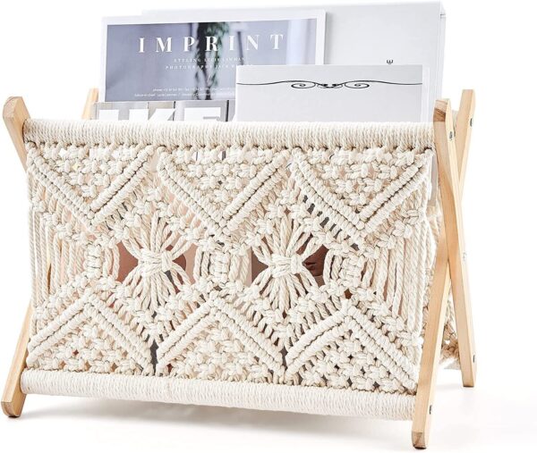 Mkono Macrame Magazine Rack Boho Magazine Holder Storage Standing Basket