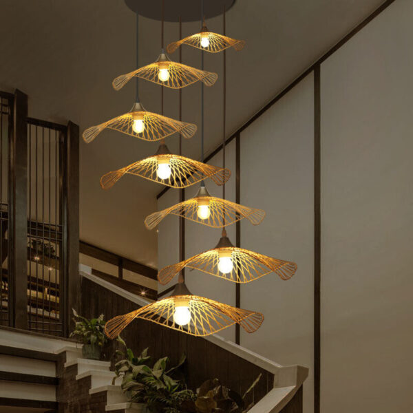 Modern Rattan Bamboo Chandelier Hat Lamp Light Ceiling Fixture Bar Restaurant - Image 6