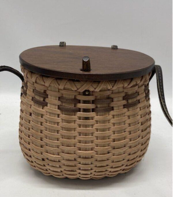 Muehling Wicker Fishing Creel Basket Purse Boho Cottagecore Vtg Walnut Wood Lid - Image 3