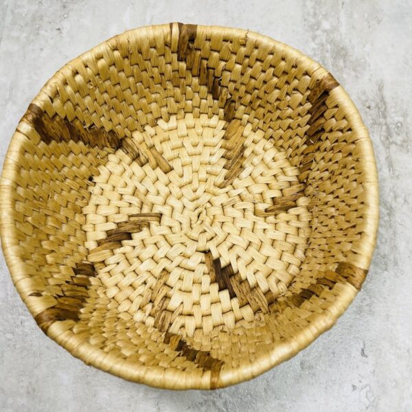 Native American Style Palm Frond Basket Hand Woven Rattan Bowl Flat Bottom 7”