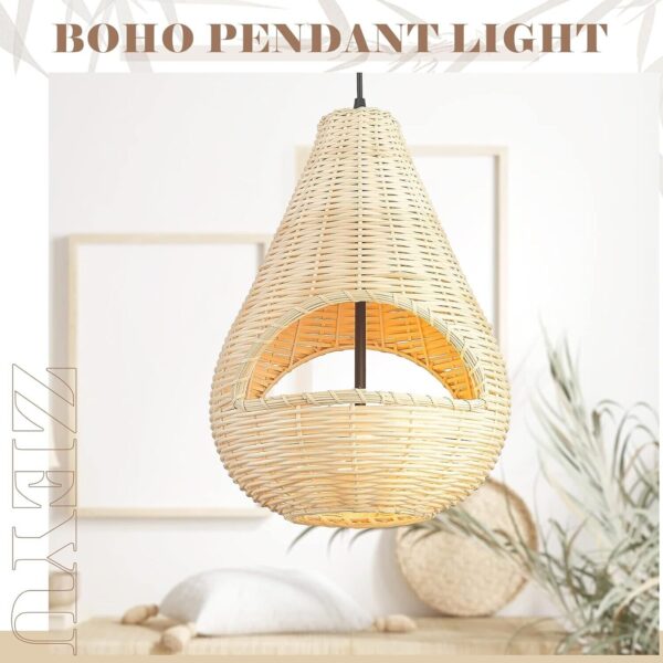 Natural Handcrafted Bamboo Woven Lampshade Boho Ceiling Pendant Light.13x16.3"in - Image 2