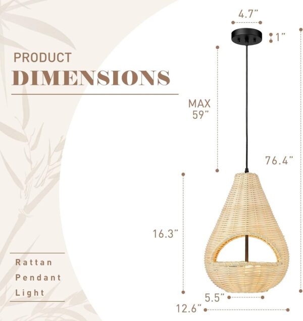 Natural Handcrafted Bamboo Woven Lampshade Boho Ceiling Pendant Light.13x16.3"in - Image 3