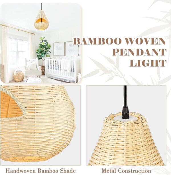 Natural Handcrafted Bamboo Woven Lampshade Boho Ceiling Pendant Light.13x16.3"in - Image 5