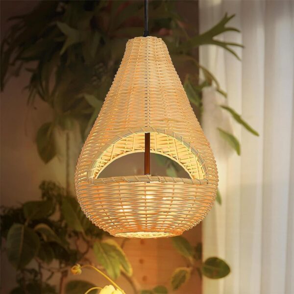 Natural Handcrafted Bamboo Woven Lampshade Boho Ceiling Pendant Light.13x16.3"in - Image 6