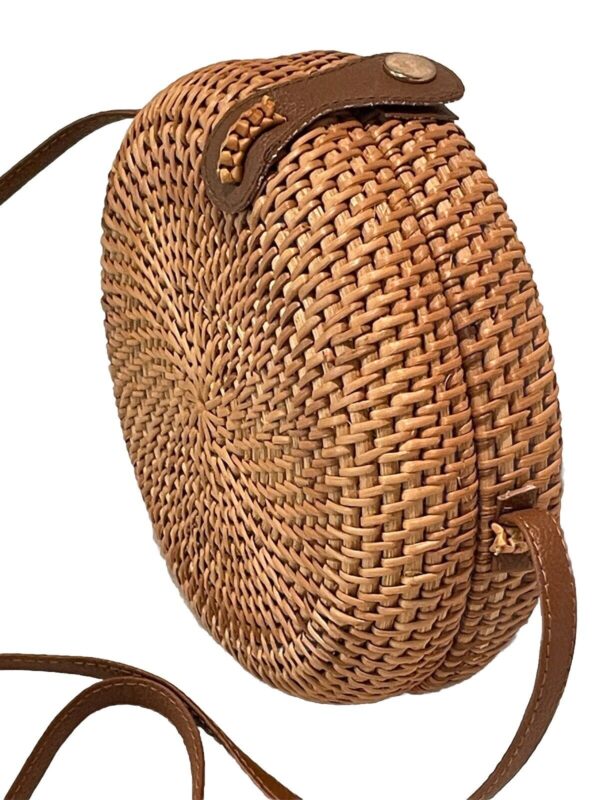 Natural Rattan Wicker Boho Woven Basket Crossbody Bag Round 7.75x2.75” NEW - Image 3