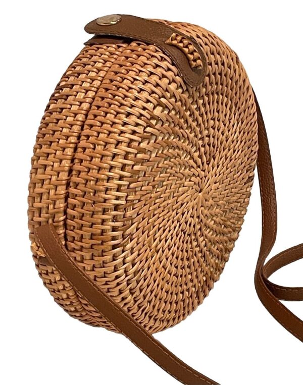 Natural Rattan Wicker Boho Woven Basket Crossbody Bag Round 7.75x2.75” NEW - Image 4