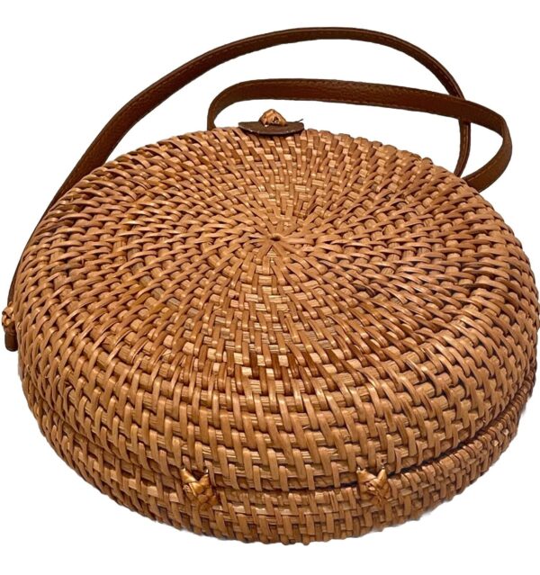 Natural Rattan Wicker Boho Woven Basket Crossbody Bag Round 7.75x2.75” NEW - Image 5