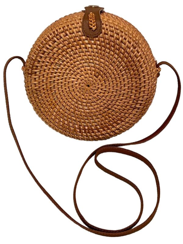 Natural Rattan Wicker Boho Woven Basket Crossbody Bag Round 7.75x2.75” NEW