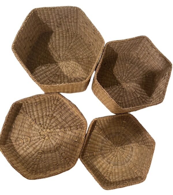 Nesting Natural Grass Woven Hexagon Baskets Set of 2 w/Lids Boho Cottage Core - Image 2