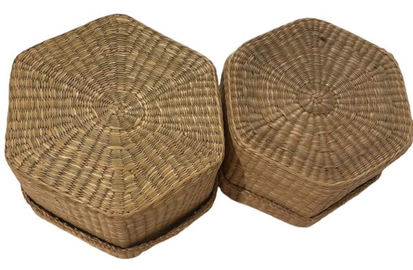 Nesting Natural Grass Woven Hexagon Baskets Set of 2 w/Lids Boho Cottage Core - Image 3