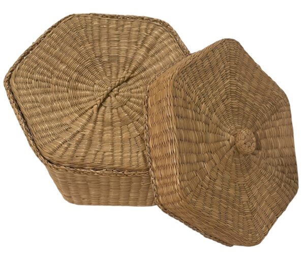 Nesting Natural Grass Woven Hexagon Baskets Set of 2 w/Lids Boho Cottage Core - Image 4