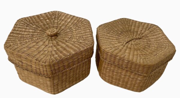 Nesting Natural Grass Woven Hexagon Baskets Set of 2 w/Lids Boho Cottage Core