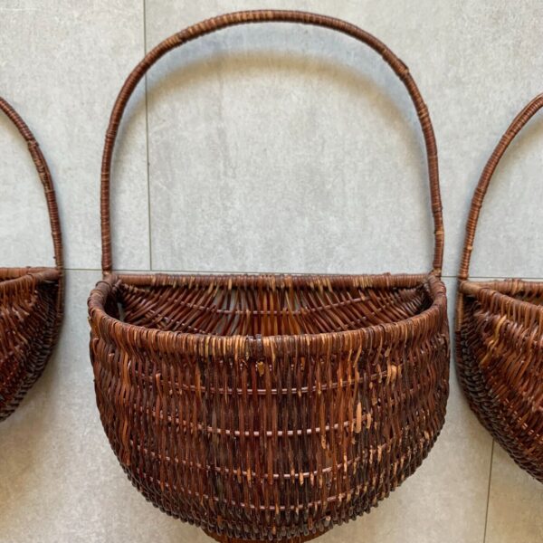 Nesting Wall Hanging Baskets Set of 3 Dark Wicker Round w Handles Boho - Image 3