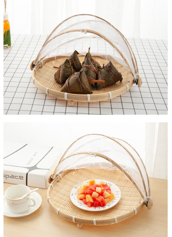 New Bamboo Tent Basket Hand Woven Tray Anti Bug Food Fruit Container Net Mesh - Image 3