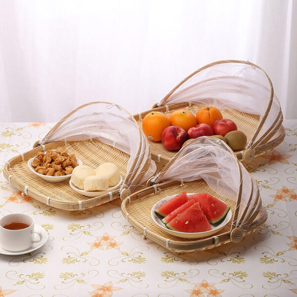 New Bamboo Tent Basket Hand Woven Tray Anti Bug Food Fruit Container Net Mesh - Image 4