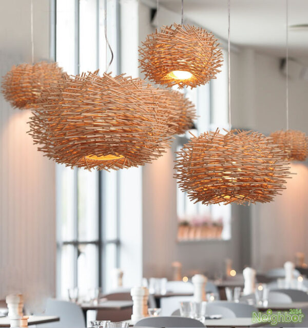 New bird's nest pendant lamp rattan weaving chandelier wood restaurant t light - Image 2