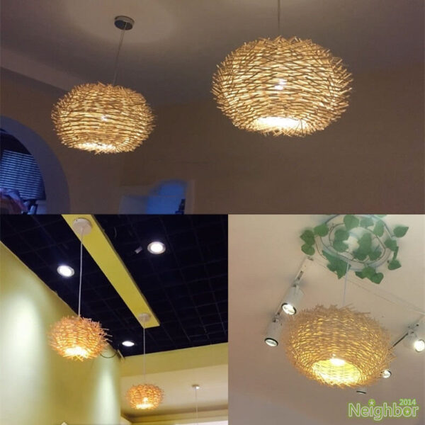 New bird's nest pendant lamp rattan weaving chandelier wood restaurant t light - Image 3