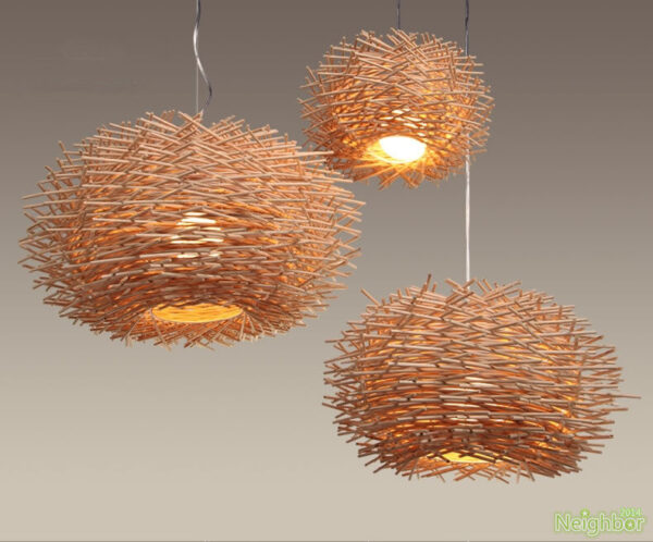 New bird's nest pendant lamp rattan weaving chandelier wood restaurant t light - Image 5