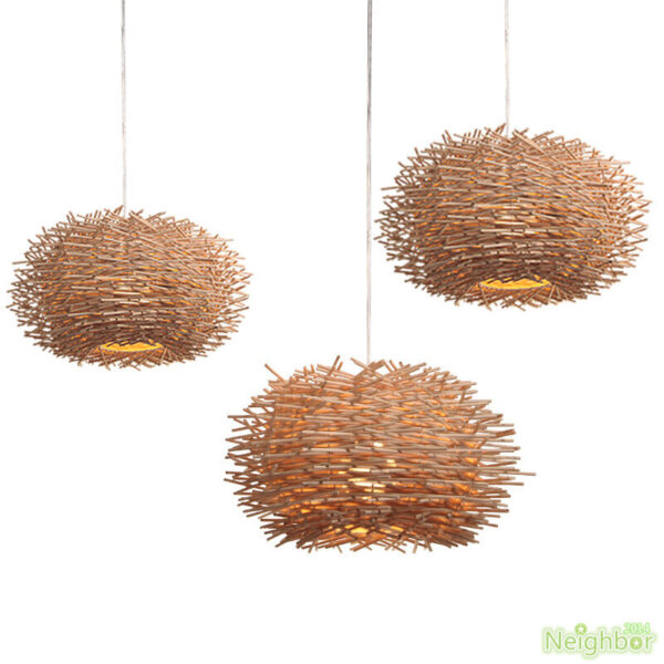 New bird's nest pendant lamp rattan weaving chandelier wood restaurant t light - Image 6