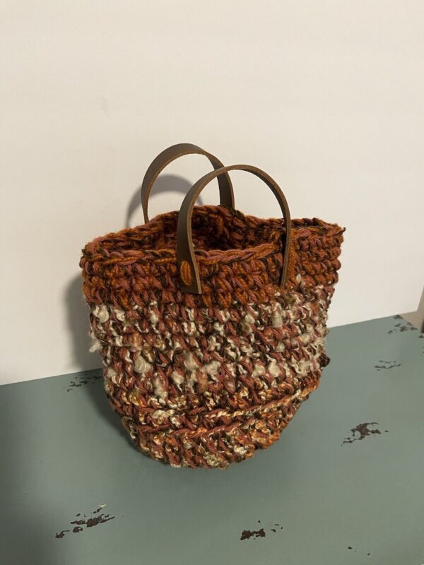 NWOT Handmade Boho Crocheted Basket / Bag with leather strap handles - Image 2