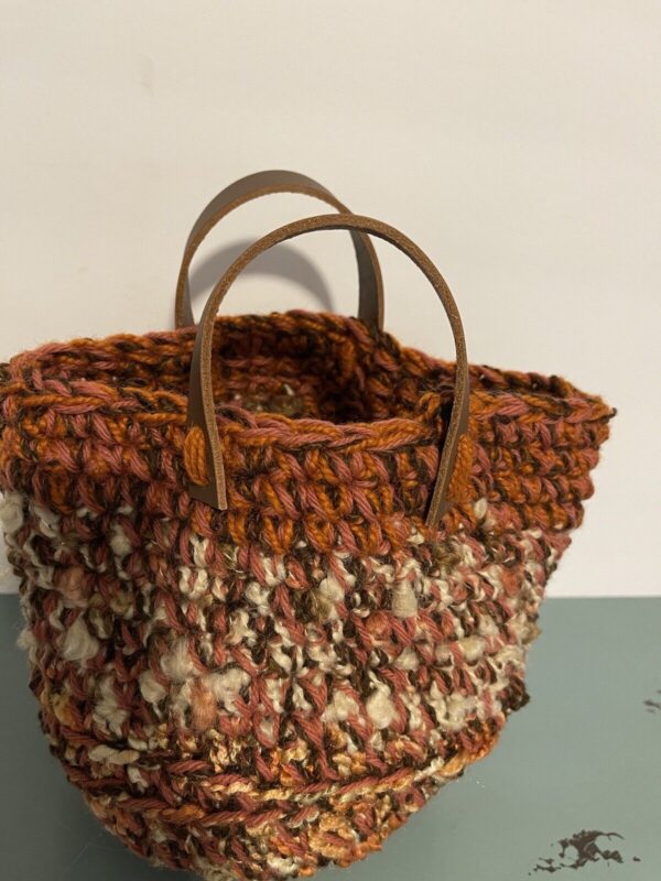 NWOT Handmade Boho Crocheted Basket / Bag with leather strap handles