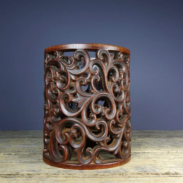 Old bamboo carving pen holder hollowed out carved flowers Brush Pots bamboo tube - Image 4