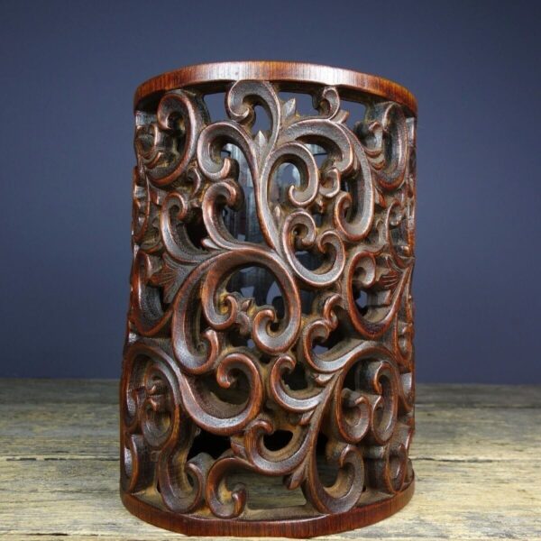 Old bamboo carving pen holder hollowed out carved flowers Brush Pots bamboo tube - Image 6