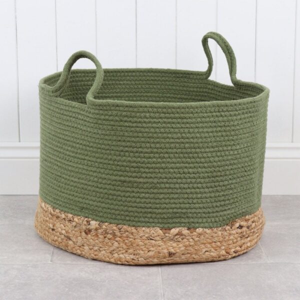 Olive Cotton & Natural Jute Round Storage Basket With Handles