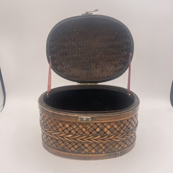 Oval Chinese Bamboo Basket Rectangular Base Lid With Metal Closure Boho Shabby - Image 2