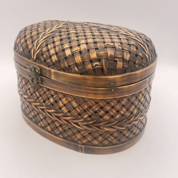 Oval Chinese Bamboo Basket Rectangular Base Lid With Metal Closure Boho Shabby - Image 3