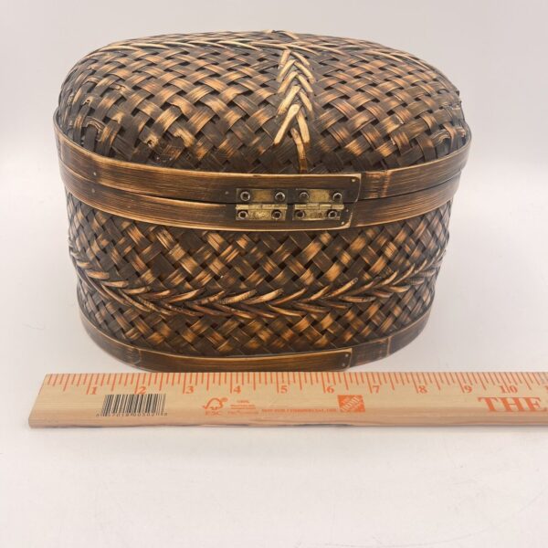 Oval Chinese Bamboo Basket Rectangular Base Lid With Metal Closure Boho Shabby - Image 4