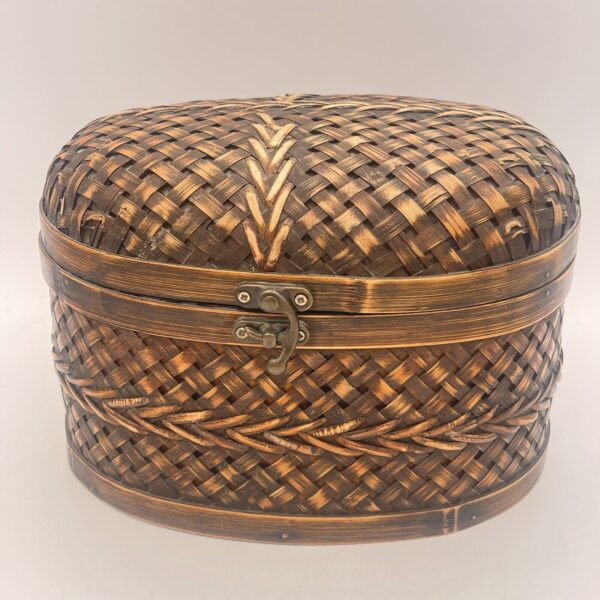 Oval Chinese Bamboo Basket Rectangular Base Lid With Metal Closure Boho Shabby