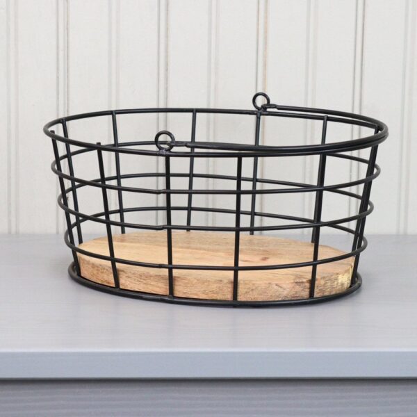 Oval Metal Wire Storage Basket With Wooden Base