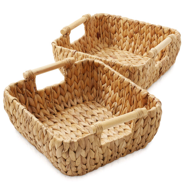 Oval Storage Basket Sets with Wood Handles, Woven Wicker Hyacinth Bin Organizers - Image 2