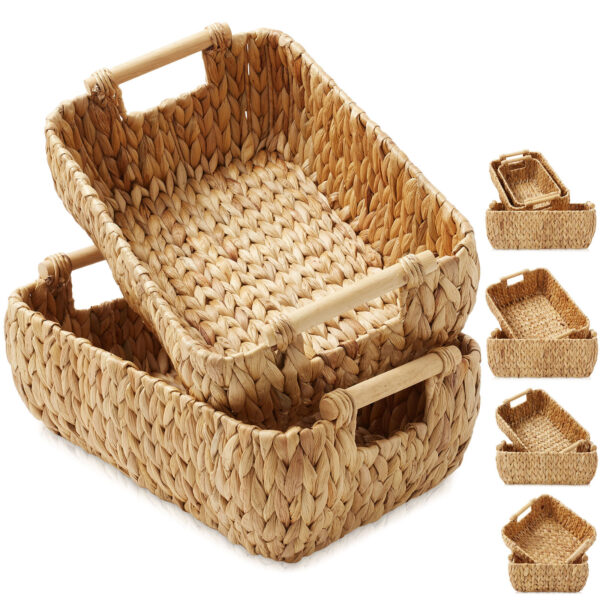 Oval Storage Basket Sets with Wood Handles, Woven Wicker Hyacinth Bin Organizers