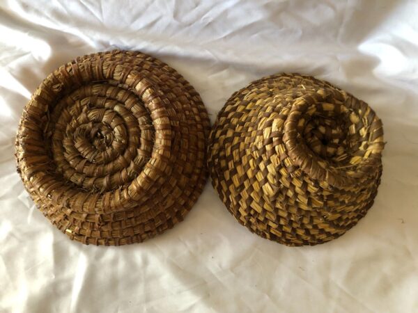 Pair of Antique French Hand Woven Rye Straw Coiled Baskets c1900 - Image 3