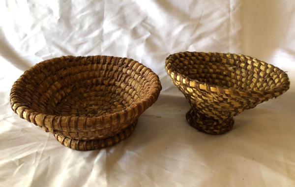 Pair of Antique French Hand Woven Rye Straw Coiled Baskets c1900