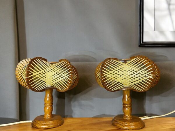 Pair of vintage wood table lamps rattan lamp shade wooden lamp base wicker