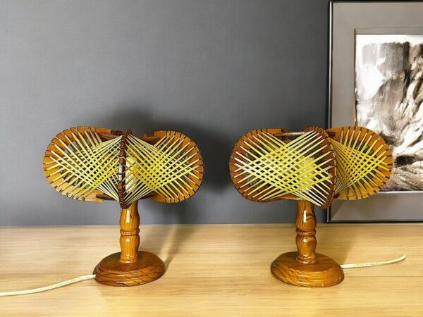 Pair of vintage wood table lamps rattan lamp shade wooden lamp base wicker - Image 2