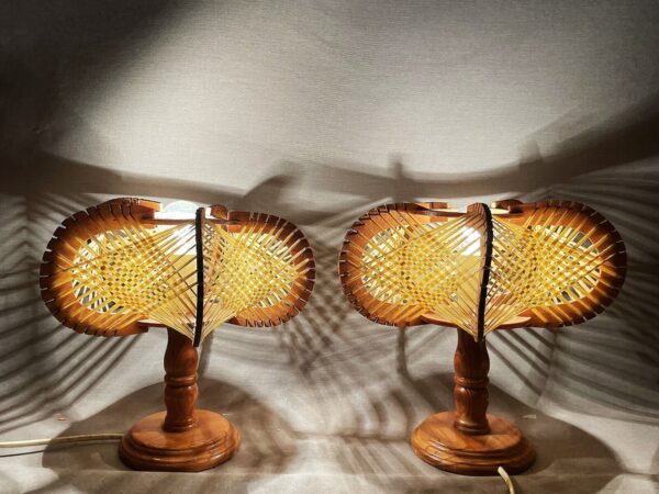 Pair of vintage wood table lamps rattan lamp shade wooden lamp base wicker - Image 3