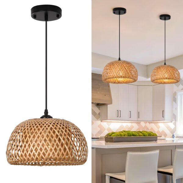 Pendant Light, Rattan Pendant Light Boho Light Fixtures Ceiling Hanging, Bamb...