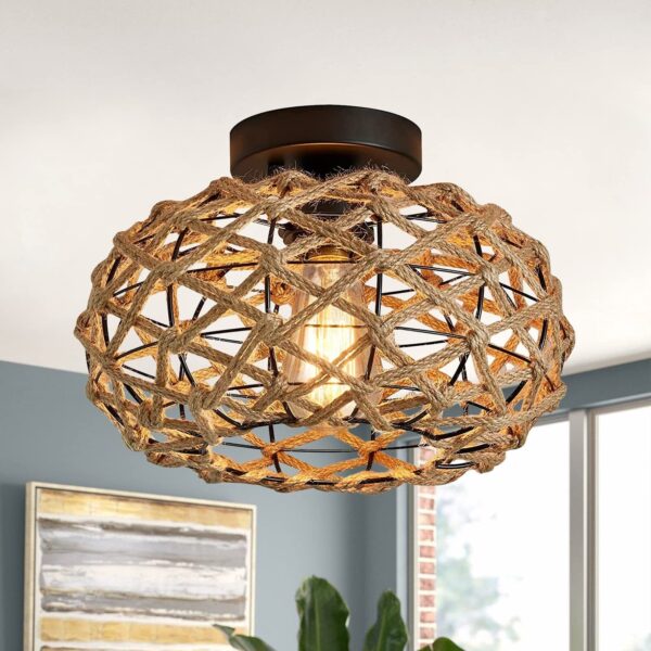 Pendtlit Hand-Woven Rattan Flush Mount Ceiling Light Retro Rustic Boho Coasta...