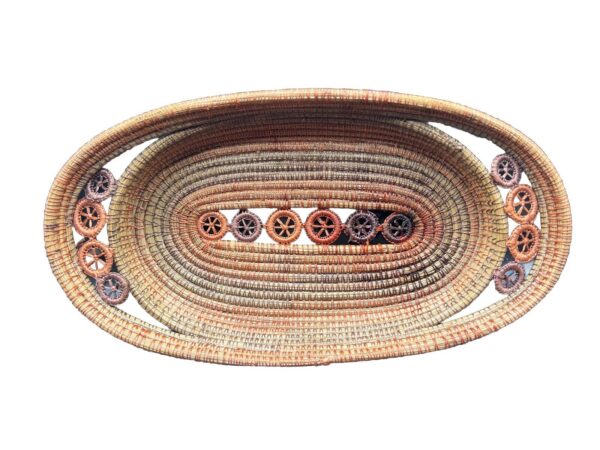 Pine Needle Basket Tray 15”X 8”X2.5” Woven Orange Country Boho Grannycore - Image 2