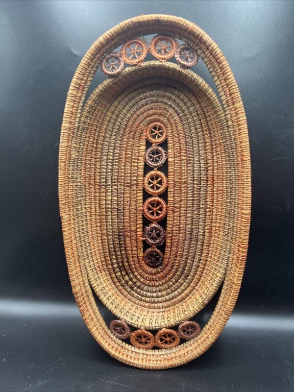 Pine Needle Basket Tray 15”X 8”X2.5” Woven Orange Country Boho Grannycore